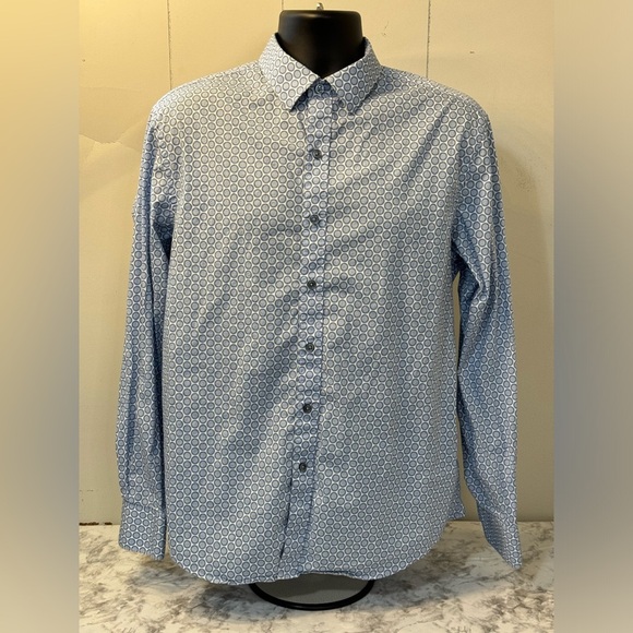 Bugatchi Men Shaped Fit Long Sleeve Button Down Blue Poka Dot Shirt Size Large - Picture 1 of 9